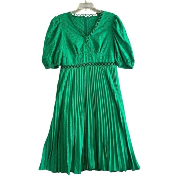 ASOS Broderie Pleated Midi Tea Dress Puff Sleeve Emerald Green Size 12 - Picture 1 of 12